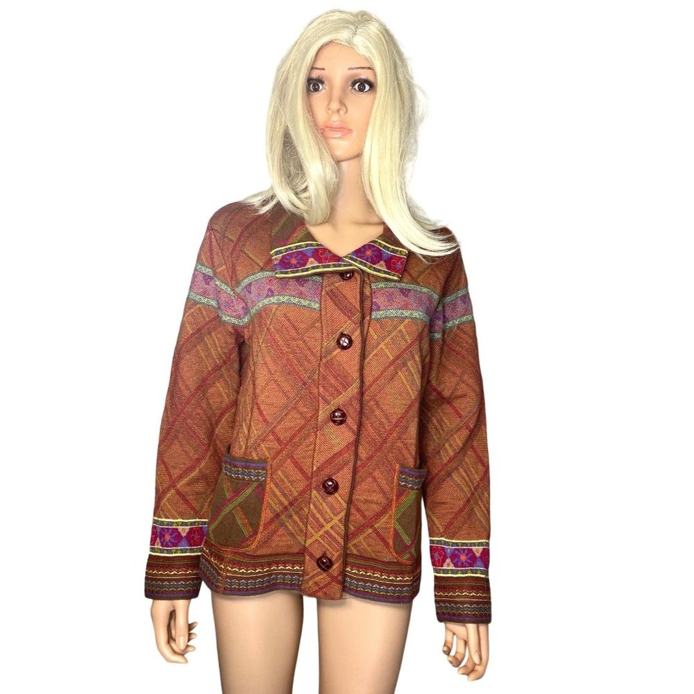 Coldwater Creek Intarsia Knit Cardigan Jacket M Tribal Cotton Wool Knit Blend - Picture 4 of 11